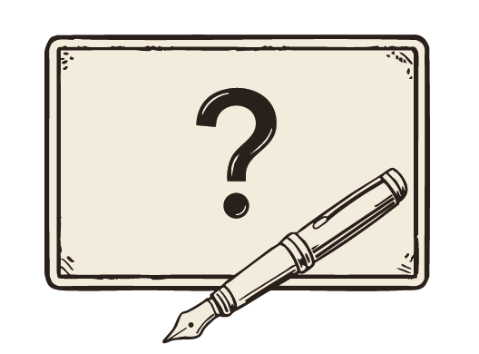 A sign with a large question mark and a fountain pen in front of it.