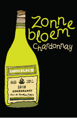Illustration of a green wine bottle with a yellow label, featuring handwritten-style text reading "Zonnebloem Chardonnay" and details about the wine vintage 2010.