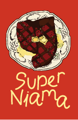 Illustration of a heart pattern with a bow, on a plate, with the words 'Super Niama' below.