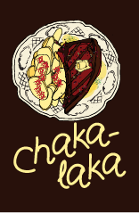 Drawing of a slice of chocolate cake with yellow fruit on top on a white plate, with the word "chaka-laka" written below.