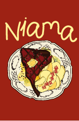 A plate with a slice of chocolate cake, bananas, and a red fruit topping, set against a red background with the word 'Niama' written above.