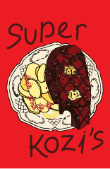 A red graphic with a fruit dish of sliced pineapple and dessert bars on a white plate, with handwritten text 'Super Kozi's' above and below the plate.