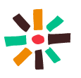 Colorful abstract shape with interconnected segments and a central red dot.