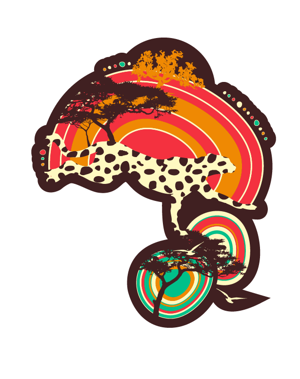 Stylized artwork of a giraffe with trees, rainbows, and circular patterns with vibrant colors.