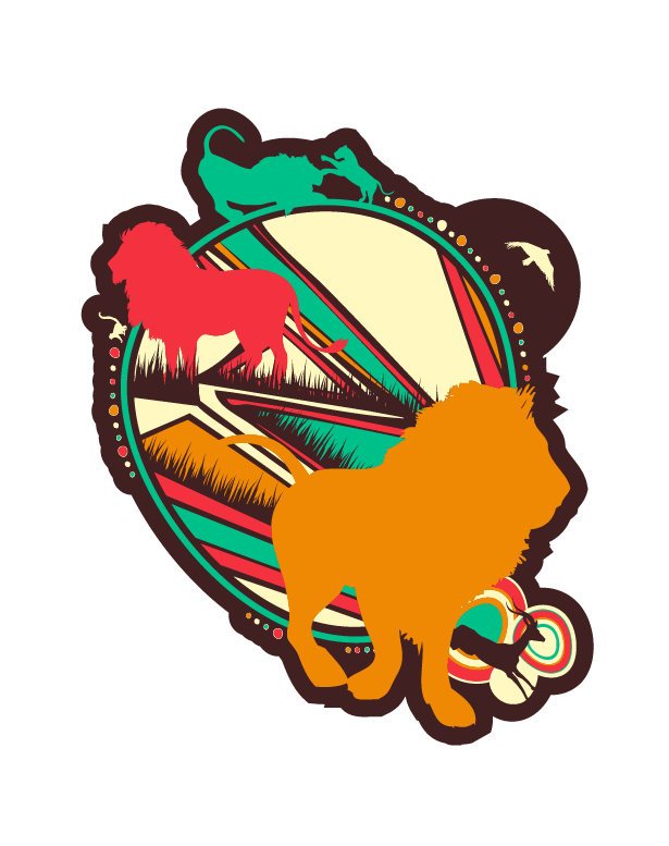 Colorful stylized graphic of a lion, a big cat, and a bird with a background featuring mountain and nature elements, set against a black backdrop.