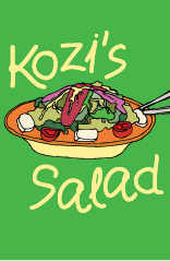 A bowl of salad with various vegetables and toppings on a green background, labeled 'Kozi's Salad'.