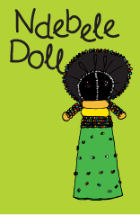 Drawing of a doll named Ndebele Doll with black curly hair, wearing a colorful top and green skirt with black dots, on a green background.