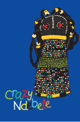 Colorful drawing of a girl with black hair and red facial features wearing a long dress covered in multicolored beads, with a blue background and the text 'Crazy Ndebele' at the bottom.