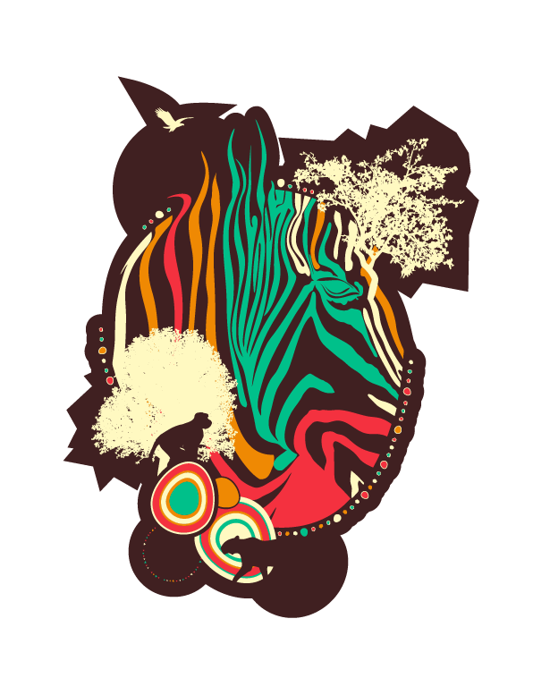 Abstract digital artwork depicting a stylized human face in black with colorful zebra-like stripes, trees, and a person in front of the face, set against a black background.
