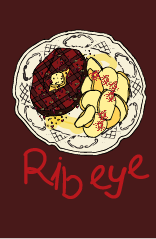 A bowl of food containing a piece of grilled steak, sliced potatoes with butter, and a side of vegetables, with the word 'Ribeye' written below in red.