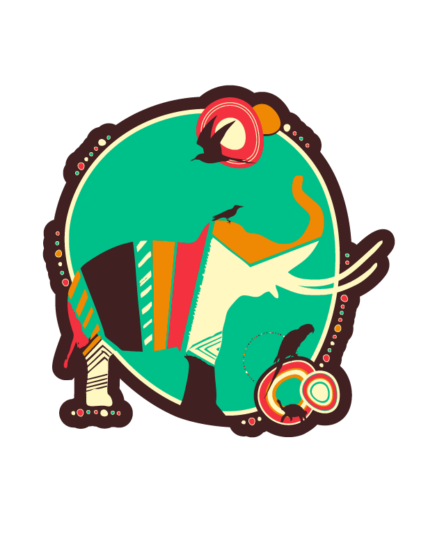 Stylized illustration of a mammoth with colorful abstract patterns and birds on its back and head, against a circular teal background.