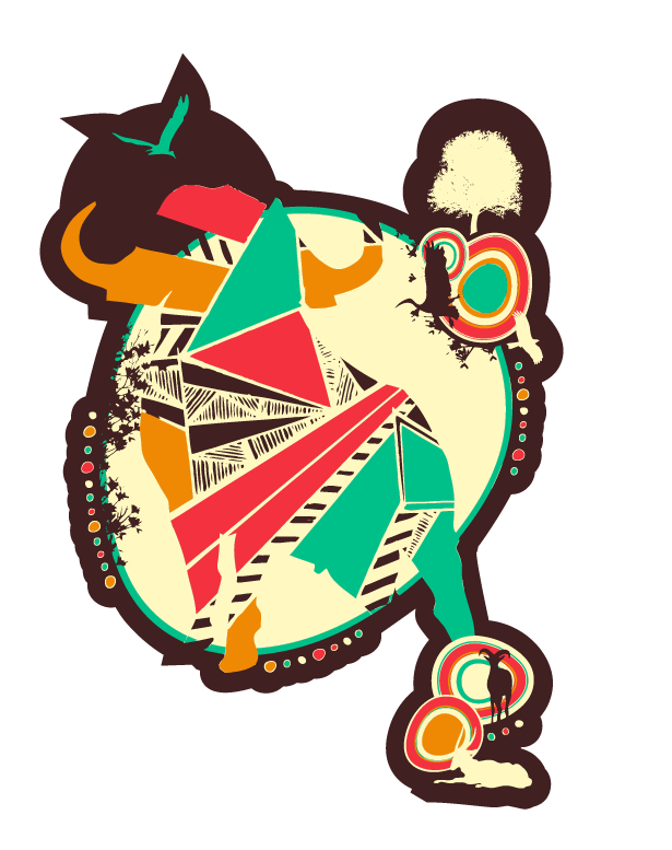 Abstract graphic of a clock with colorful geometric shapes, trees, a horse, and a bird, all set against a black background.
