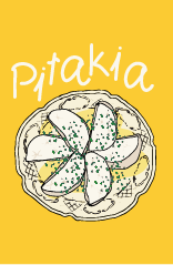 Illustration of pita bread filled with sliced vegetables or cheese on a yellow background, with the word 'Pita' in white at the top.