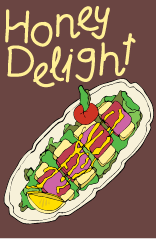 Illustration of a sushi roll with various fish, avocado, and rice, topped with yellow sauce and drizzled with pink sauce, on a white platter. Text says 'Honey Delight' at the top.