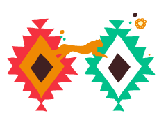 Two colorful diamond-shaped ornaments connected by a string, with small decorative elements nearby.