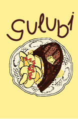 A plate of ice cream with two scoops, one vanilla and one chocolate, topped with a cherry. The plate also has a chocolate brownie and a chocolate-covered biscuit. The background is light yellow with the word 'Gulubi' written in stylized letters.