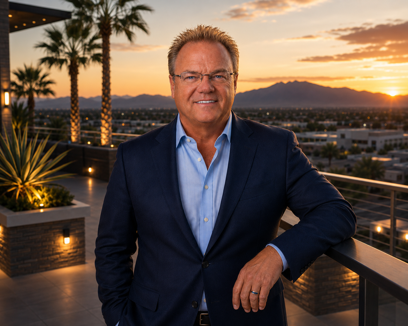A middle-aged man in a navy suit and blue shirt, wearing glasses, smiling on a balcony overlooking a cityscape with mountains at sunset.