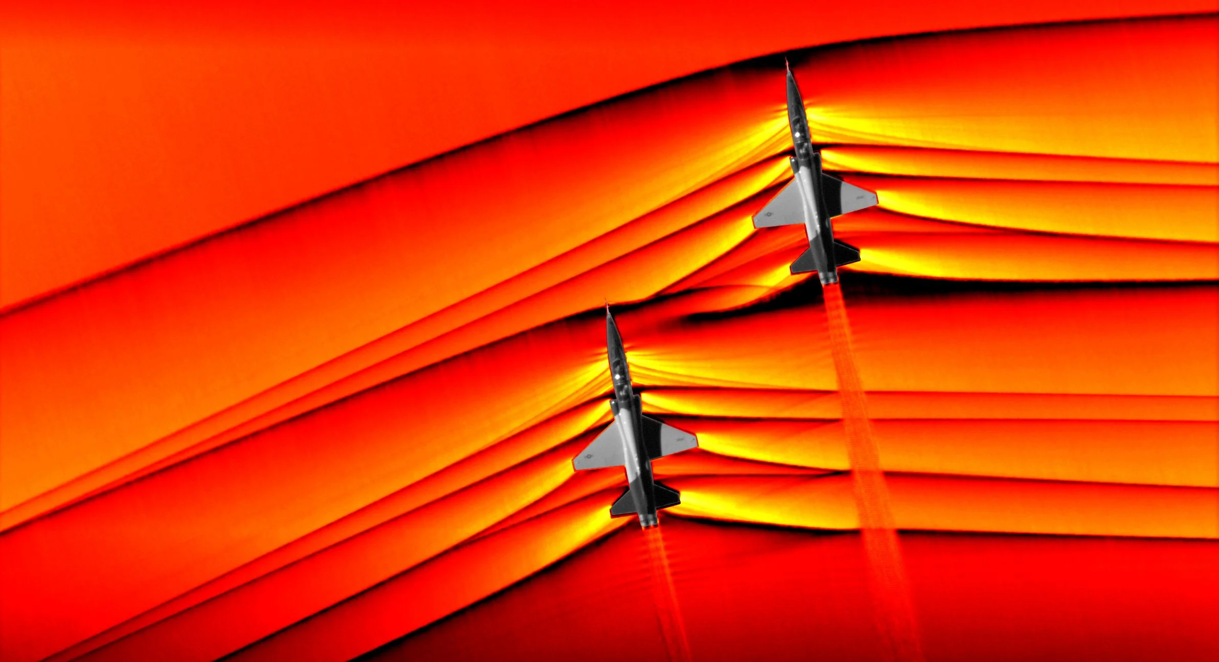 Two fighter jets flying in formation against an orange background with layered, abstract shapes.