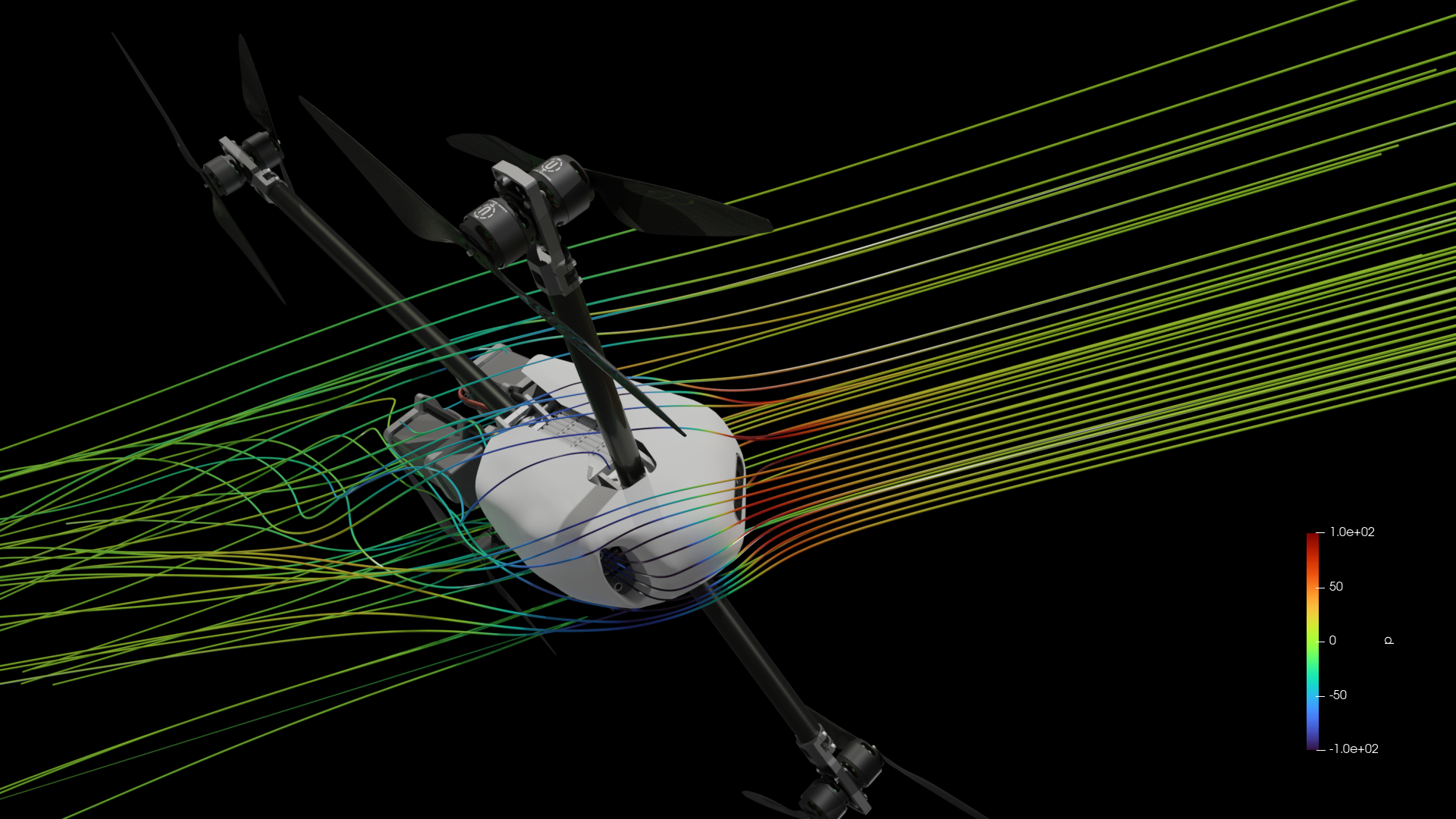 A drone flying through a digital simulation of airflow, with colorful streamlines representing airflow patterns and pressure distribution around the drone.