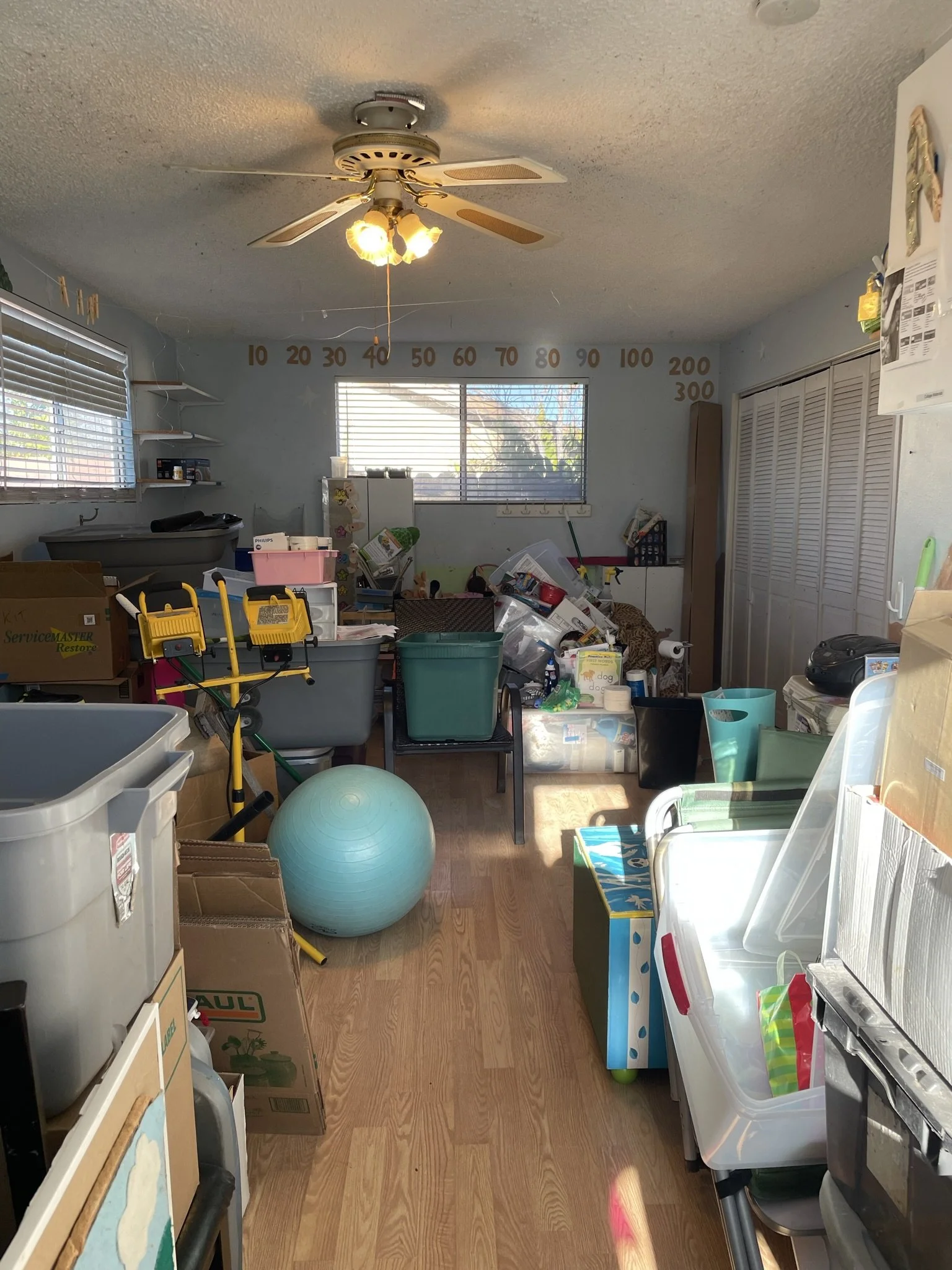 A cluttered room with storage bins, boxes, a yoga ball, various household items, and a ceiling fan with lights.