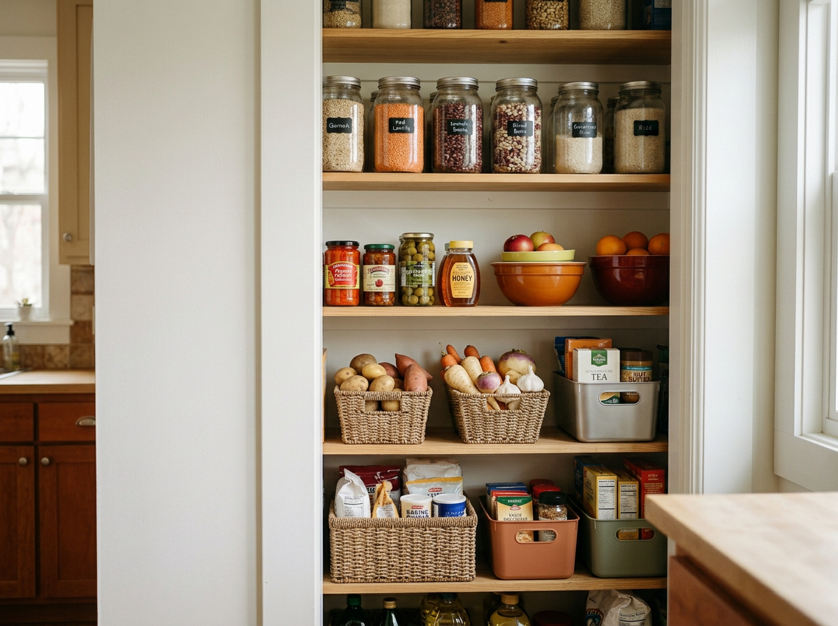 A pantry with multiple shelves holding jars of grains, canned vegetables, boxes of tea, and baskets of fresh vegetables such as potatoes, carrots, onions, and garlic.