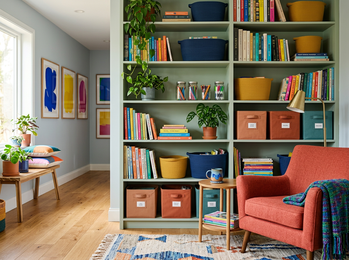 A cozy living room corner featuring a pastel green bookshelf filled with colorful books, storage baskets, and potted plants. To the left, a small wooden table holds cushions and a plant, with framed abstract art on the light gray wall. An armchair with a blanket, a small side table with a mug, a floor lamp, and a multicolored rug complete the scene.