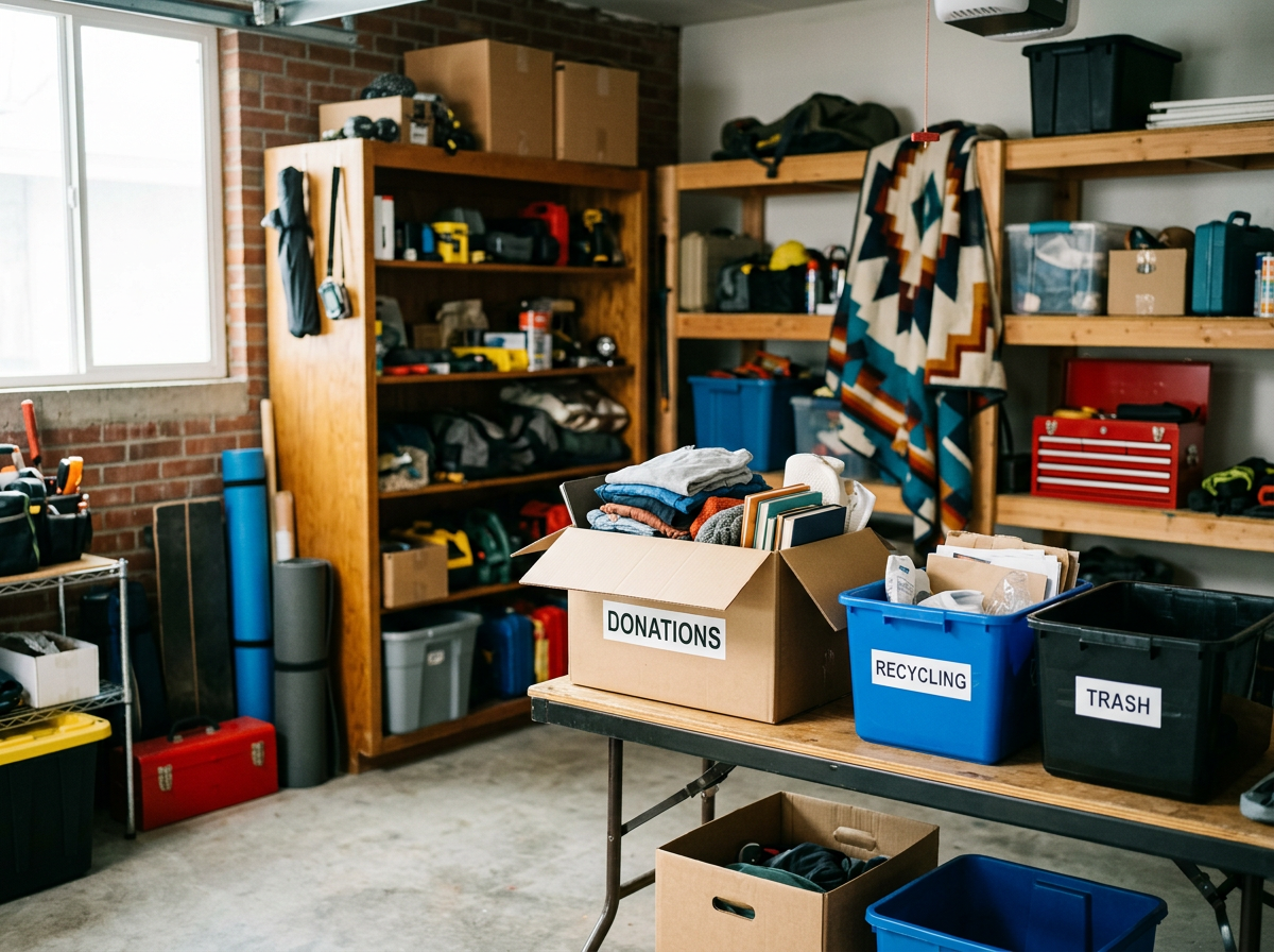 Garage organization area with labeled donation, recycling, and trash boxes, filled with clothes, books, and miscellaneous items, wood shelving with tools and storage containers, and a window on the left.