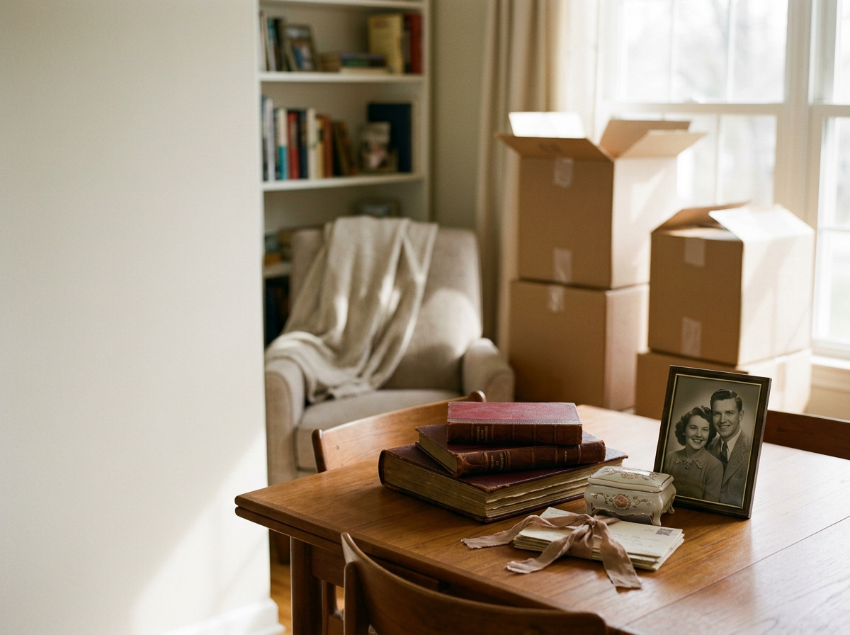 A wooden dining table with books, a framed black-and-white portrait of a smiling man and woman, and a decorative box. In the background, there is an armchair with a blanket draped over it, a bookshelf filled with books, and several cardboard boxes near a window with curtains.
