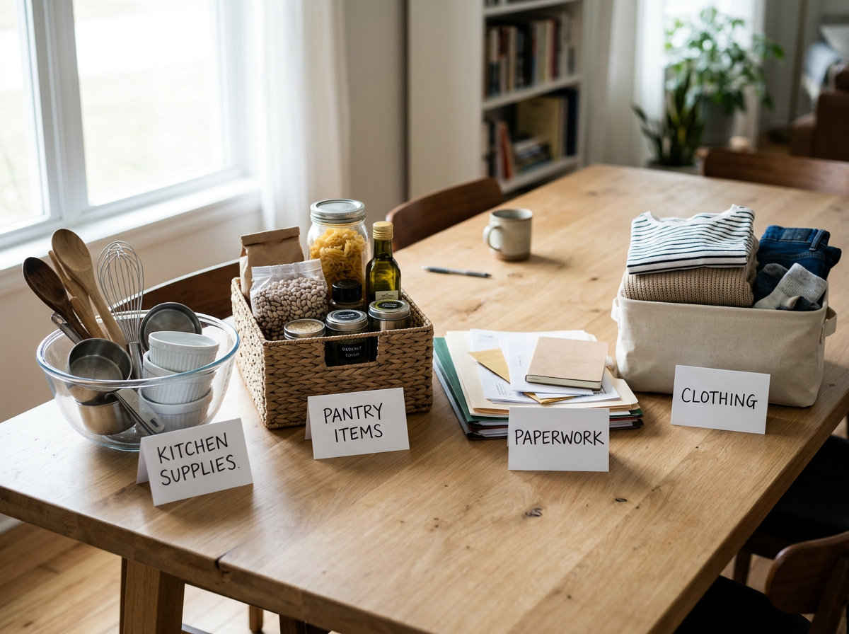 Organized table with labeled baskets holding kitchen supplies, pantry items, paperwork, and clothing in a bright dining room.