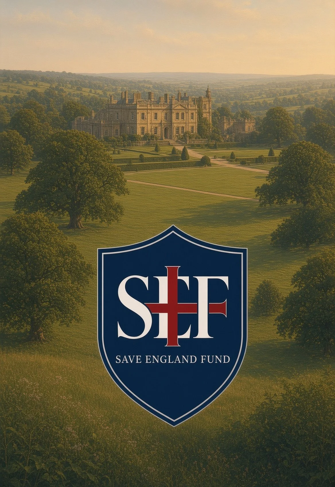 Illustration of a grand English estate with lush green gardens and trees, with a dark blue shield-shaped logo in the foreground that reads 'Save England Fund'.