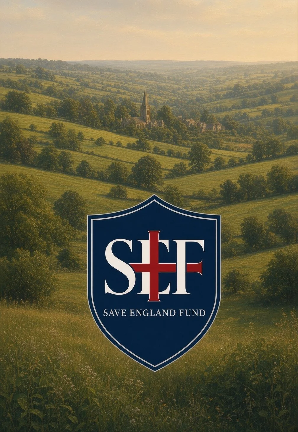 Landscape painting of rolling green hills with trees and a church with a tall steeple, and a shield-shaped logo in the foreground with the text "Save England Fund".