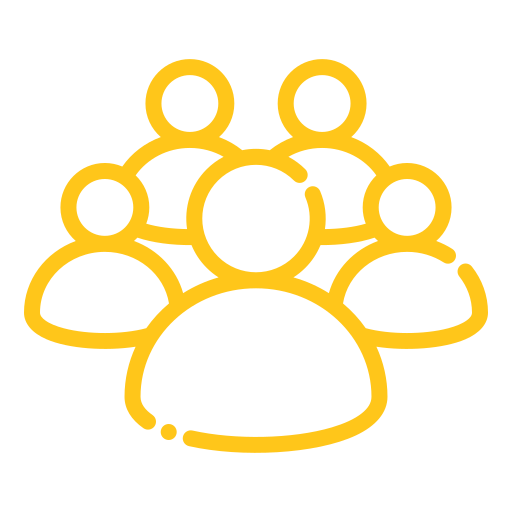 Icon of multiple yellow outline figures representing a group of people on a black background.
