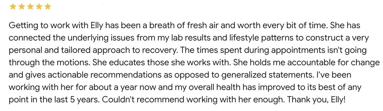 Five star rating followed by a positive review about working with Elly, describing her as a knowledgeable health professional who provides personalized care and has improved the person's overall health.