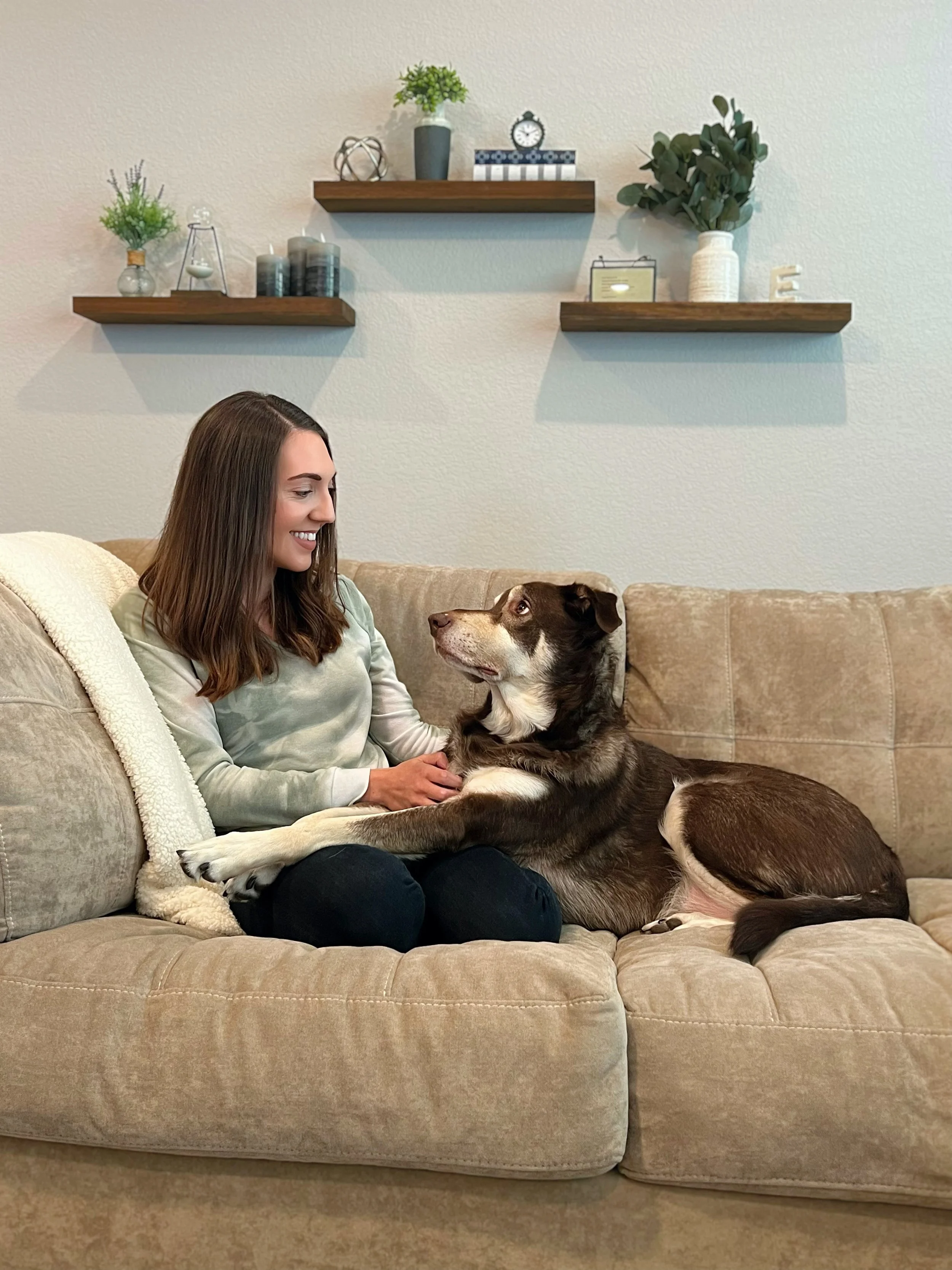 A young woman with long brown hair sitting on a beige couch, smiling and looking at a large brown and white dog lying on her lap. The dog has its front paws gentle on her lap and is looking up at her. Behind them, there are three wall-mounted wooden shelves with decorative items such as plants, candles, and ornaments, against a light-colored wall.