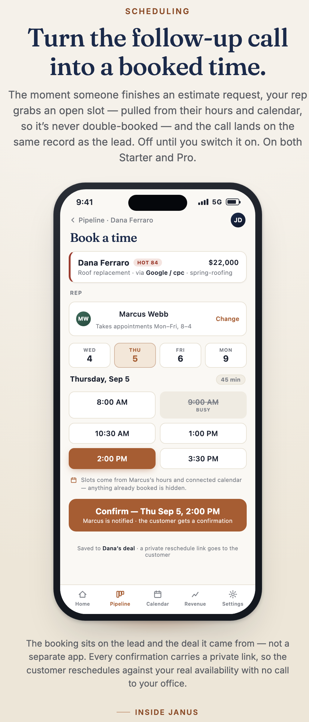 Mobile app interface for scheduling follow-up calls, showing options to book and confirm an appointment on Thursday, September 5, at 2:00 PM with details about the lead, appointment time, and confirmation button.