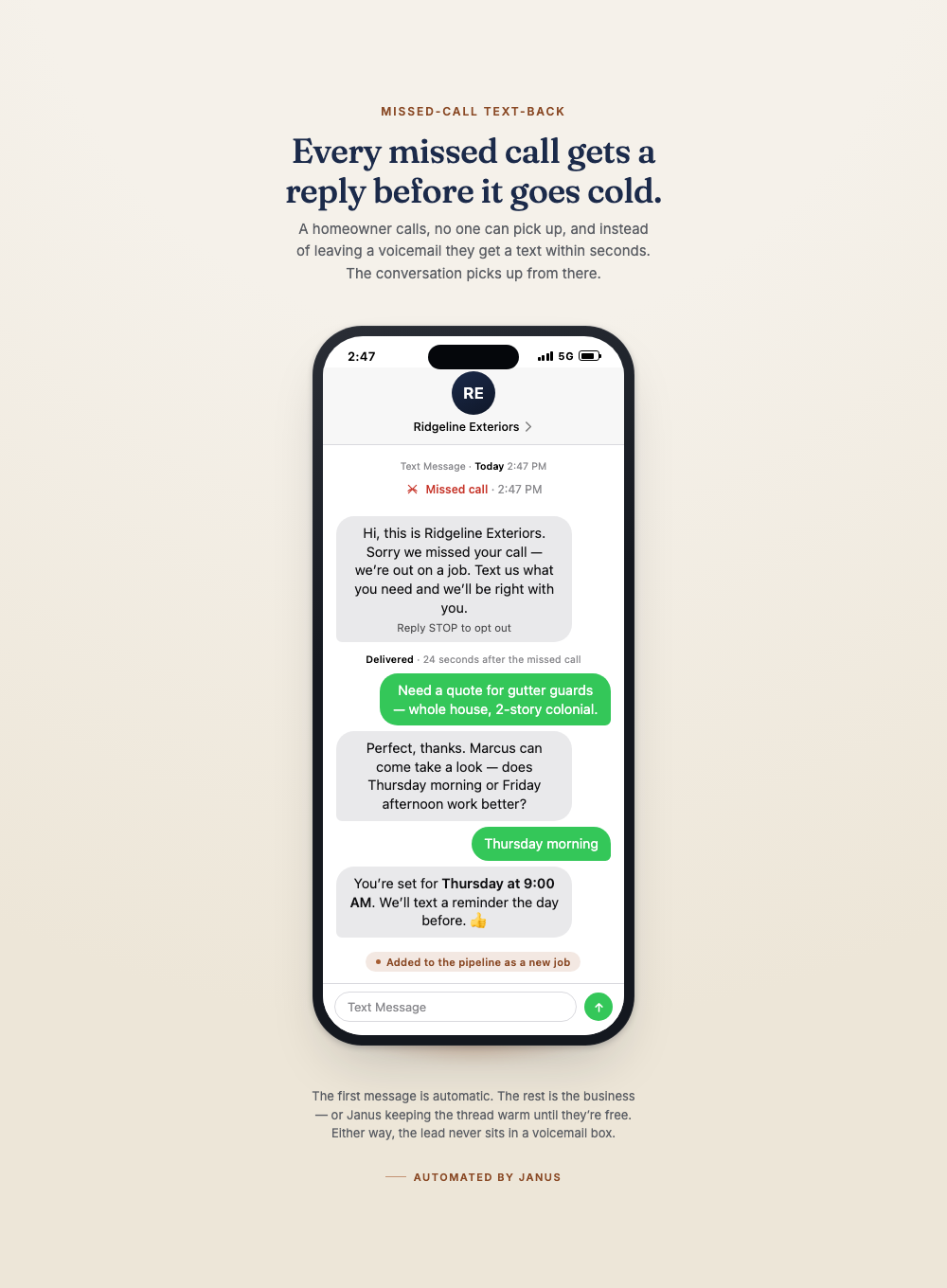 Graphic explaining missed-call text-back service with example text message conversation on a smartphone screen, showing how businesses reply to missed calls via automated texts.