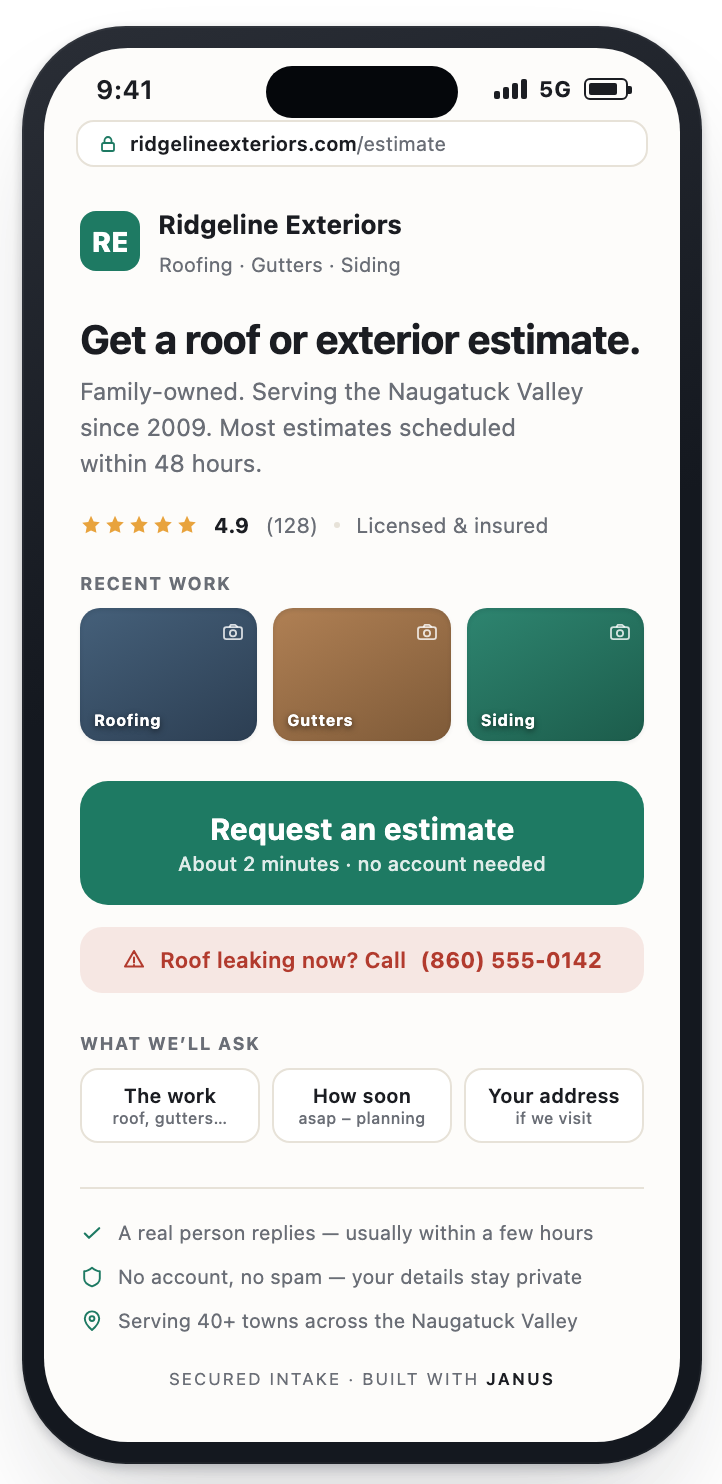 Screenshot of Ridgeline Exteriors website showing roof, gutter, and siding services with options to request an estimate or call for roof leaking support.