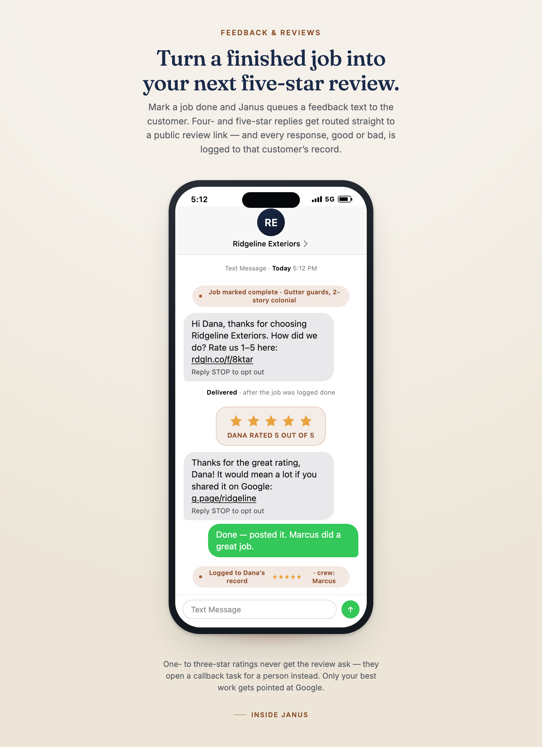 Website page showing instructions on turning completed jobs into five-star reviews, with a screenshot of a text message conversation about a job for Ridgeline Exteriors, including ratings, comments, and sender details, alongside a green button indicating the job was posted successfully.