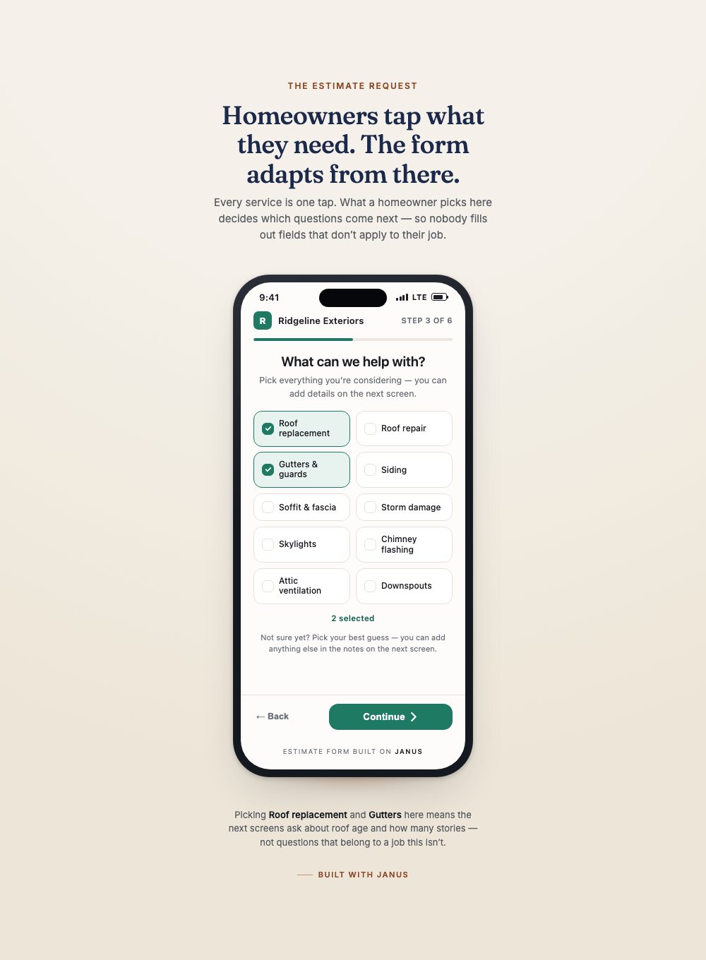 Screenshot of a mobile app interface for home improvement service, showing a step in a form where users select house repair options such as roof replacement and gutters & guards.