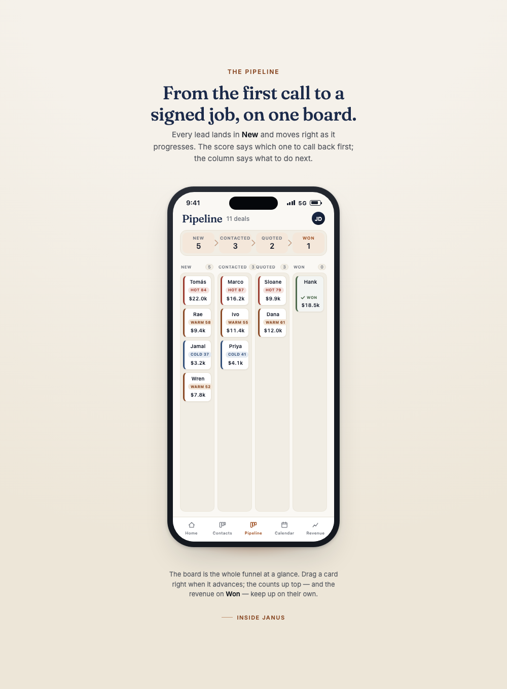 Mobile app showing sales pipeline with stages and deal cards, including contact names, deal states, and amounts.