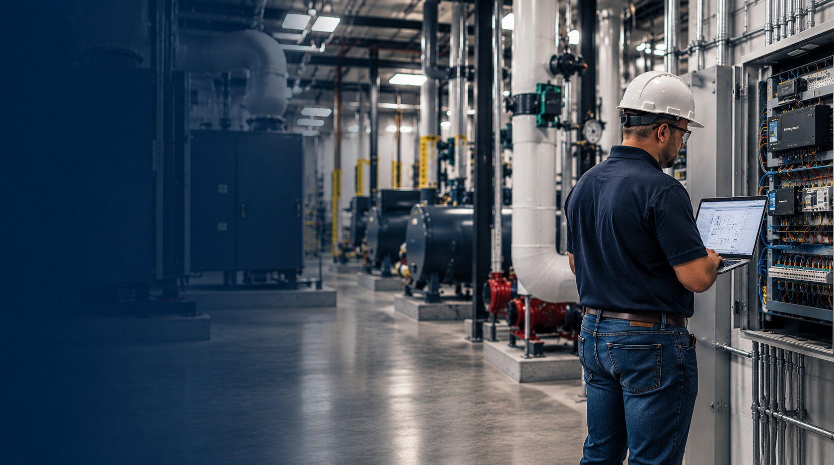 Building automation technician using a laptop beside an open control panel in a commercial mechanical room.