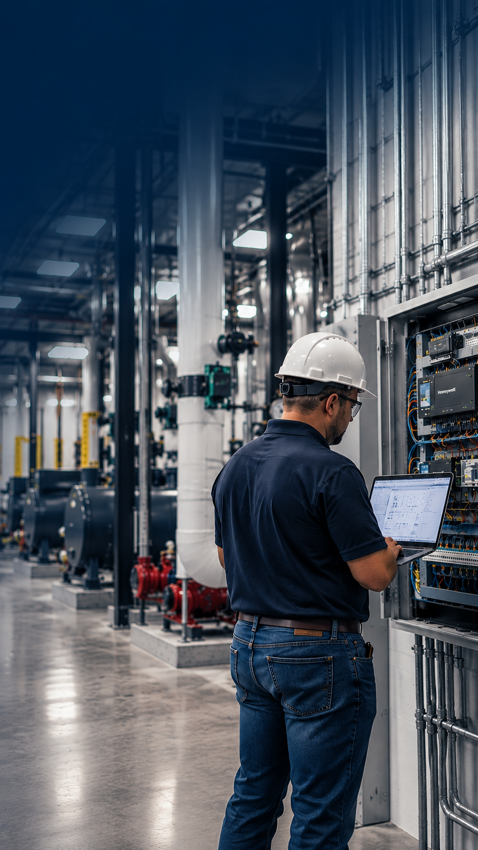 Building automation technician using a laptop at an electrical control panel in a commercial mechanical room.