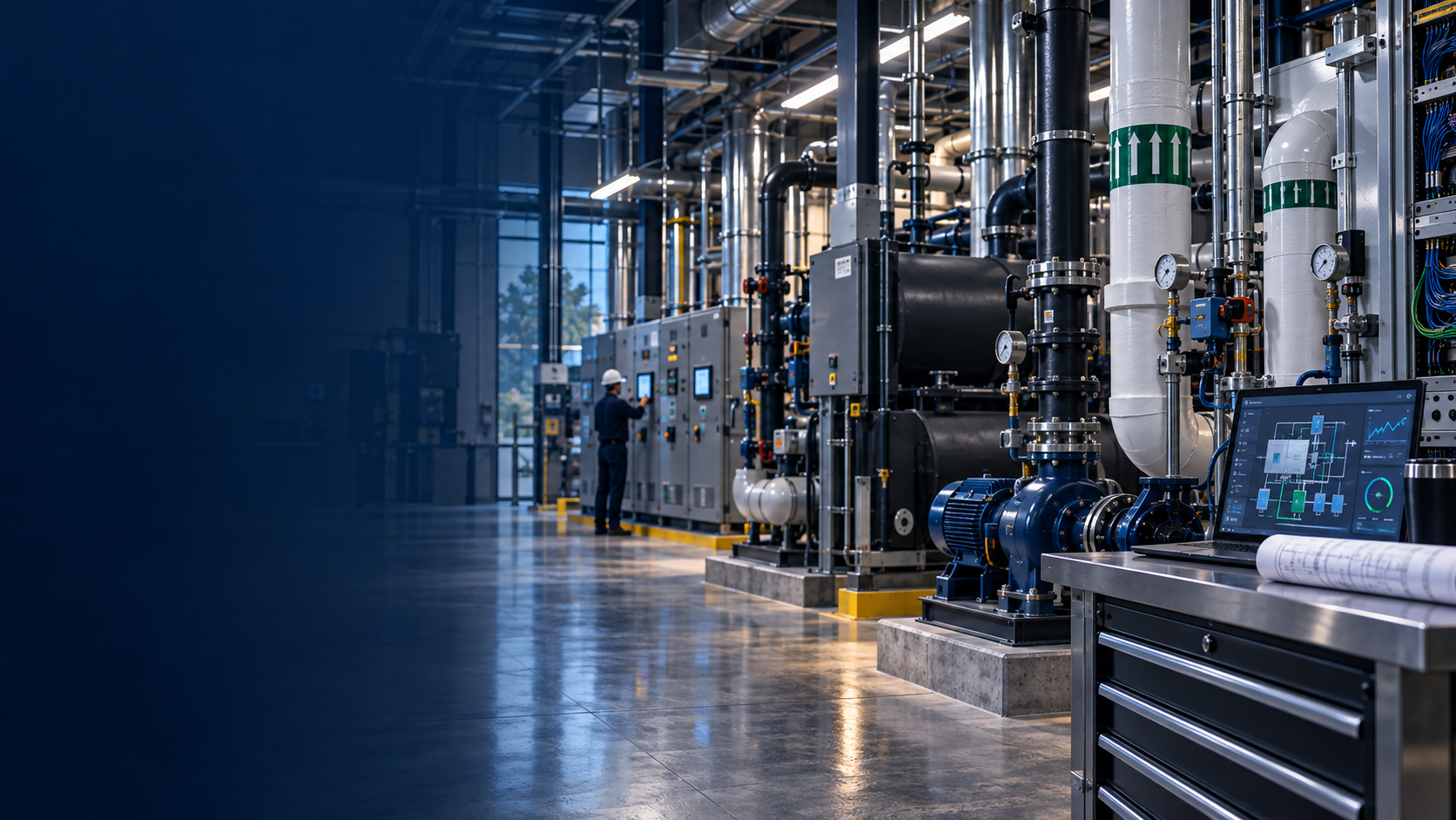Technician working with building controls in a commercial mechanical room.