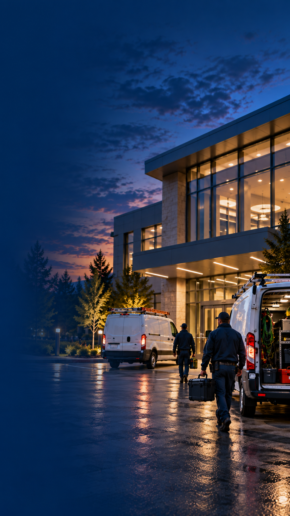 Building systems service technicians arriving at a commercial facility with service vans at dusk.