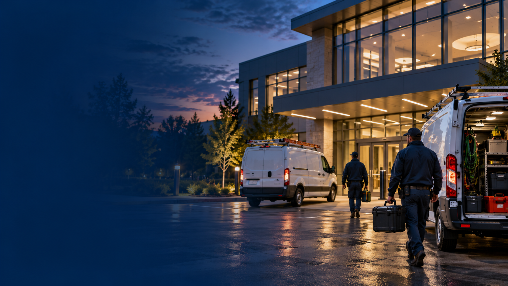 Building systems service technicians arriving at a commercial facility with service vans at dusk.