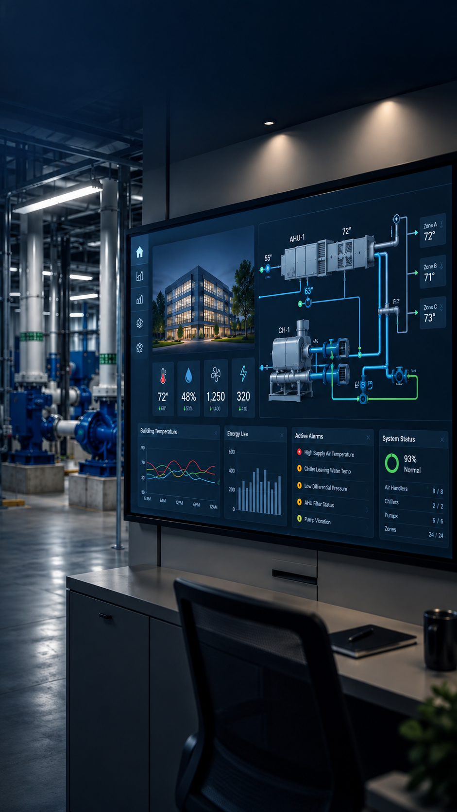 A digital control panel displaying a building management system in an industrial setting, with pipes and machinery in the background.