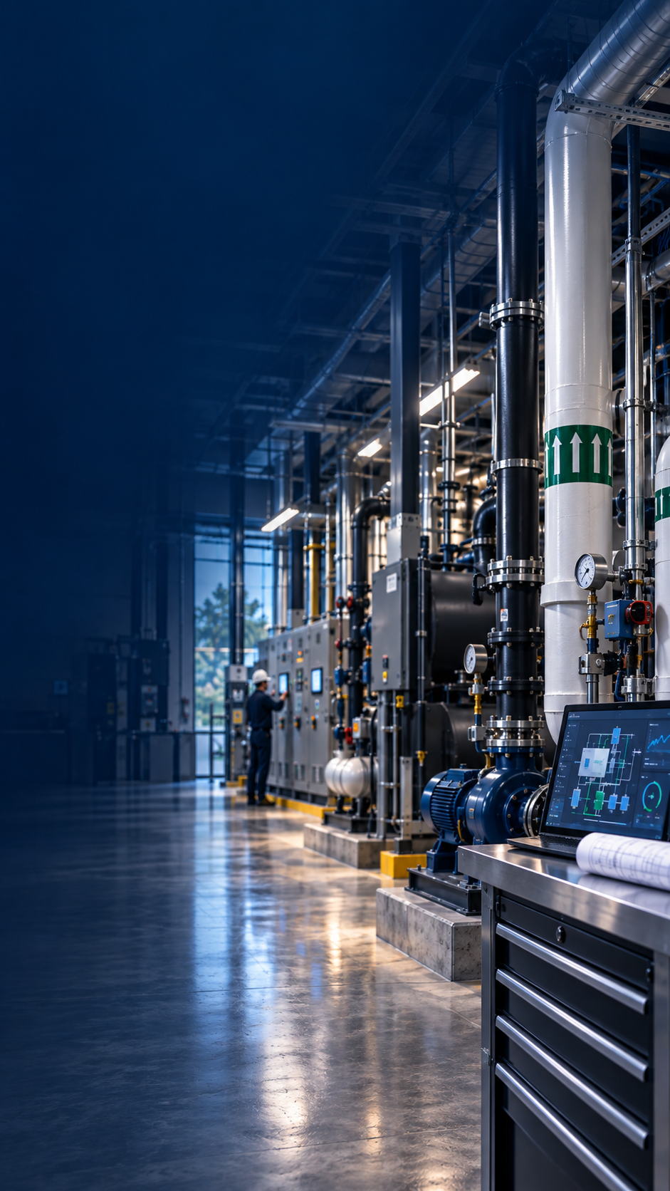 Technician working with building controls in a commercial mechanical room.