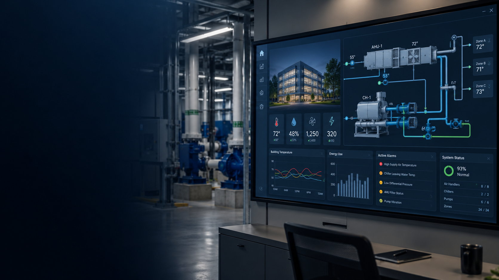 A large digital control monitor displaying an HVAC system diagram, building image, and system data in a modern industrial setting.