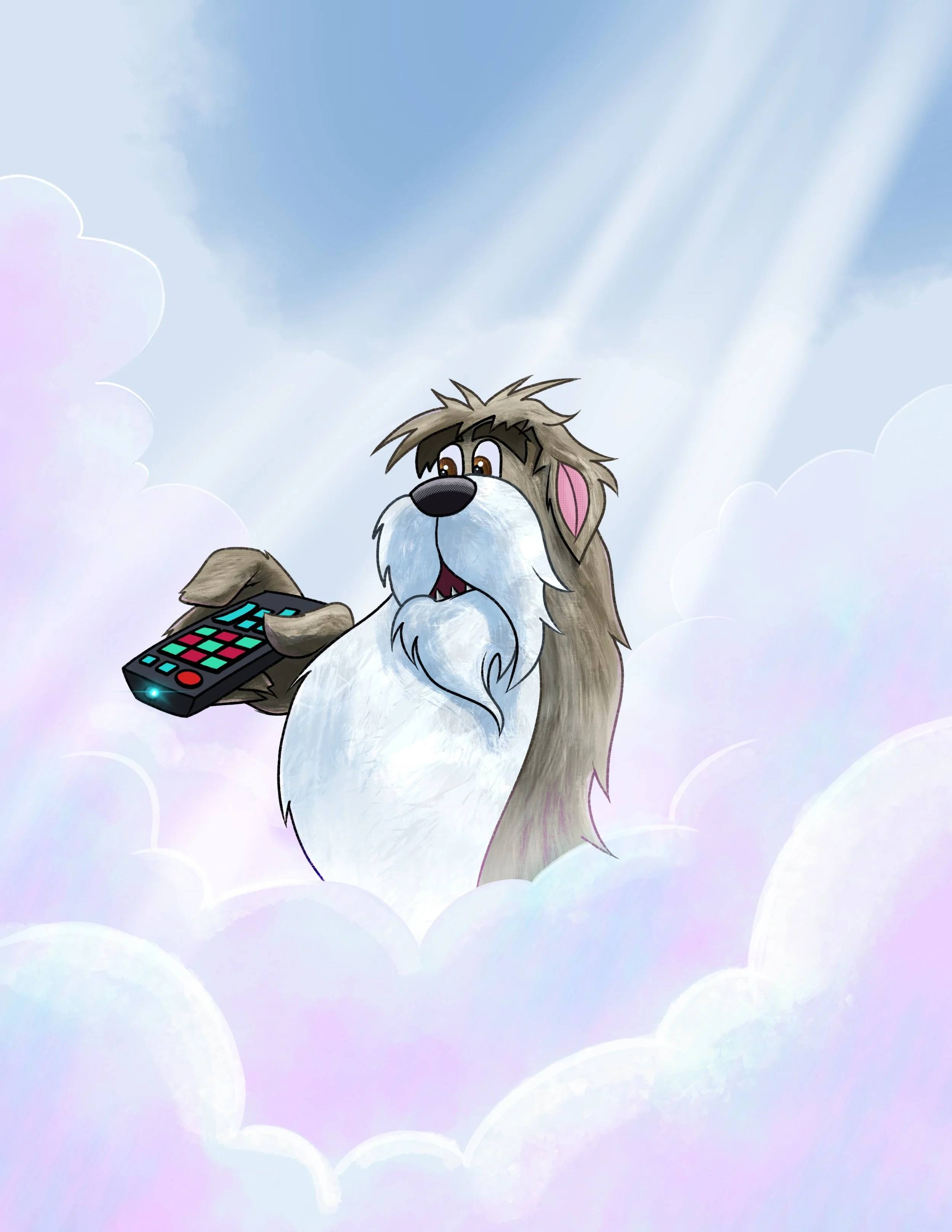 A cartoon dog holding a TV remote control with clouds and a blue sky in the background.