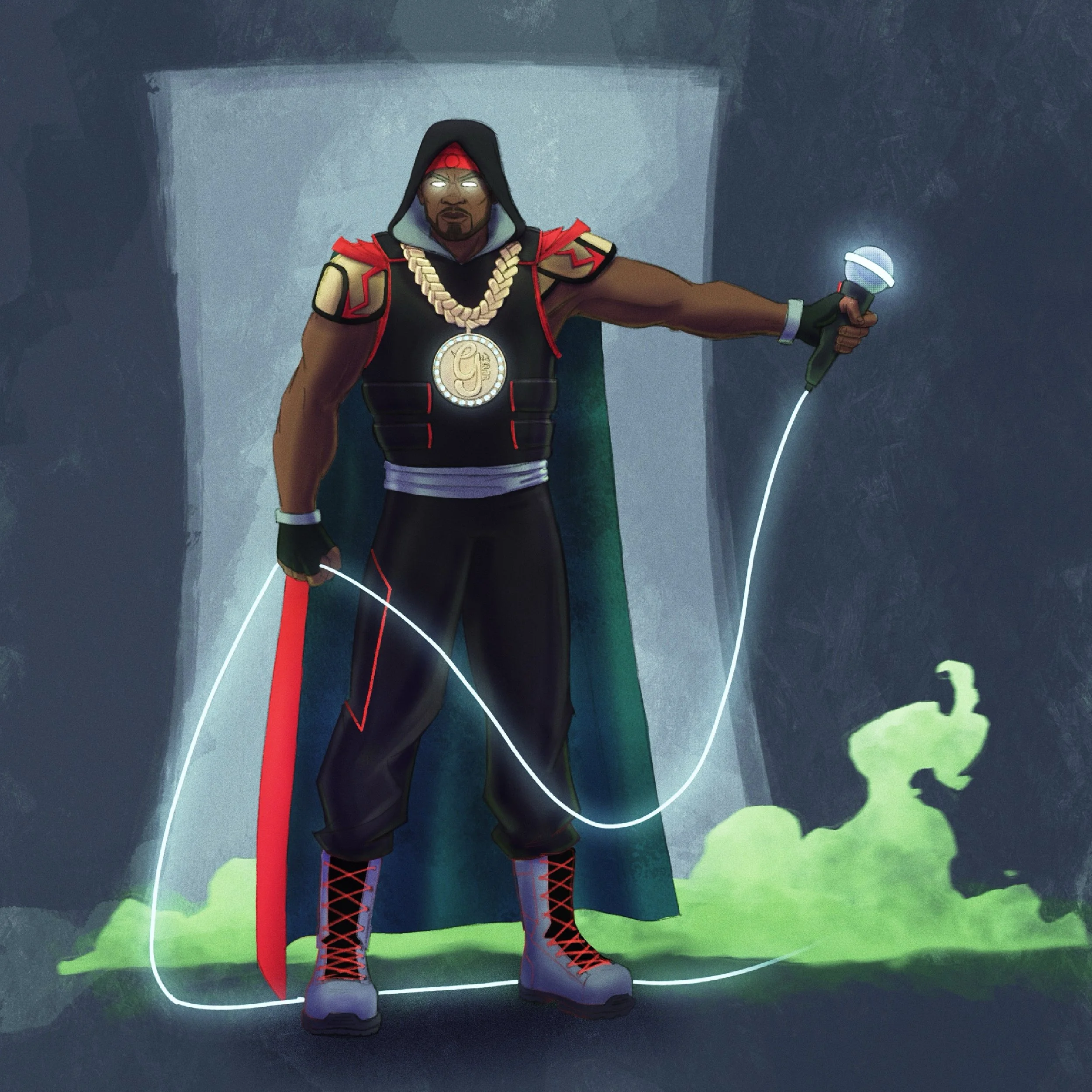 Animated character with glowing eyes, wearing a red headband, a black shirt with gold medallion, statue-like gold chains, and red and black lattice boots, holding a microphone in a dark environment.